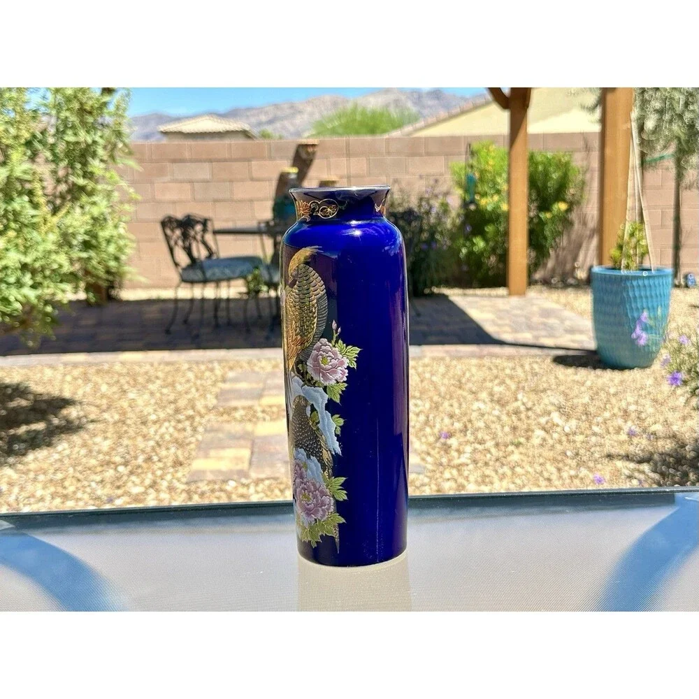 Vintage Japanese Kutani Cobalt Blue Porcelain Vase - Pheasant & Peony Motif